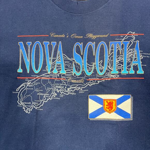 Vintage Nova Scotia T-Shirt Medium Navy Made Canada Flag Map Hanes Heavyweight - Picture 2 of 9